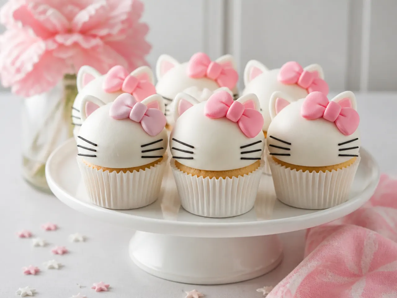 Classic white and pink bow Hello Kitty cupcakes on a party stand