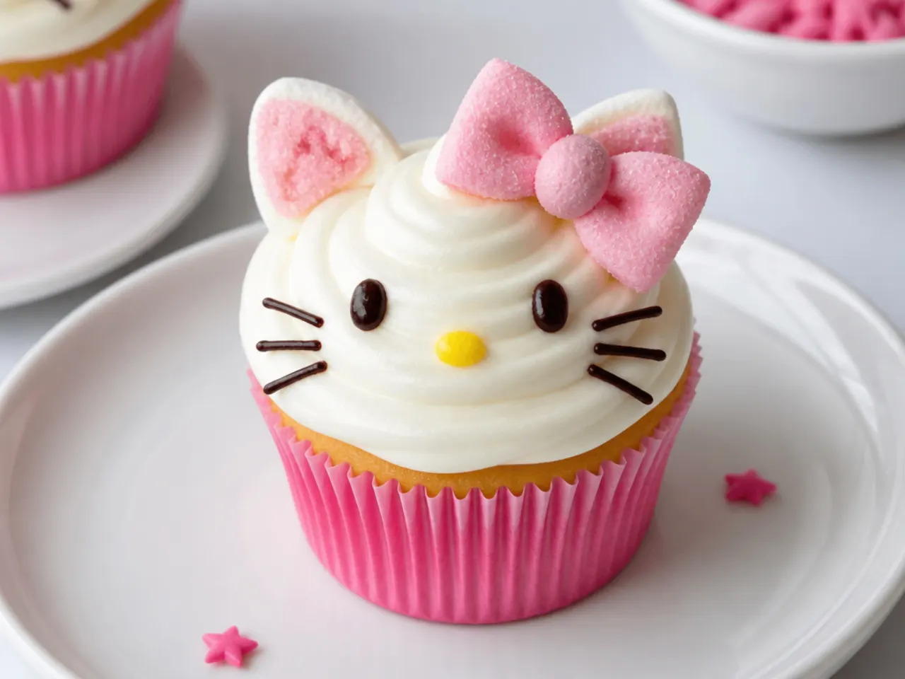 Easy Hello Kitty cupcakes decorated with marshmallow ears and bows