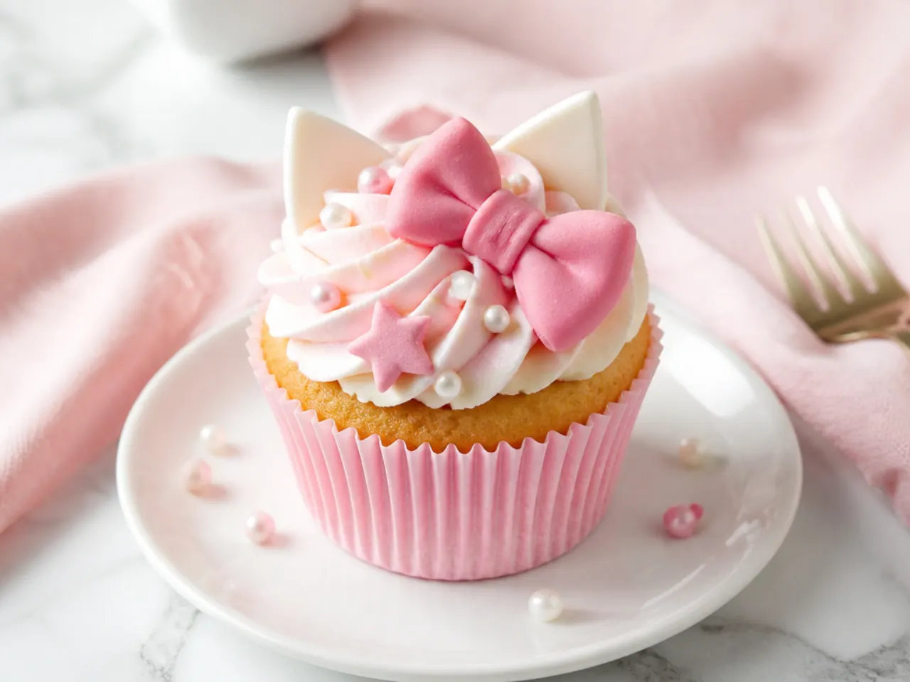 Elegant blush pink Hello Kitty inspired cupcakes with edible pearls