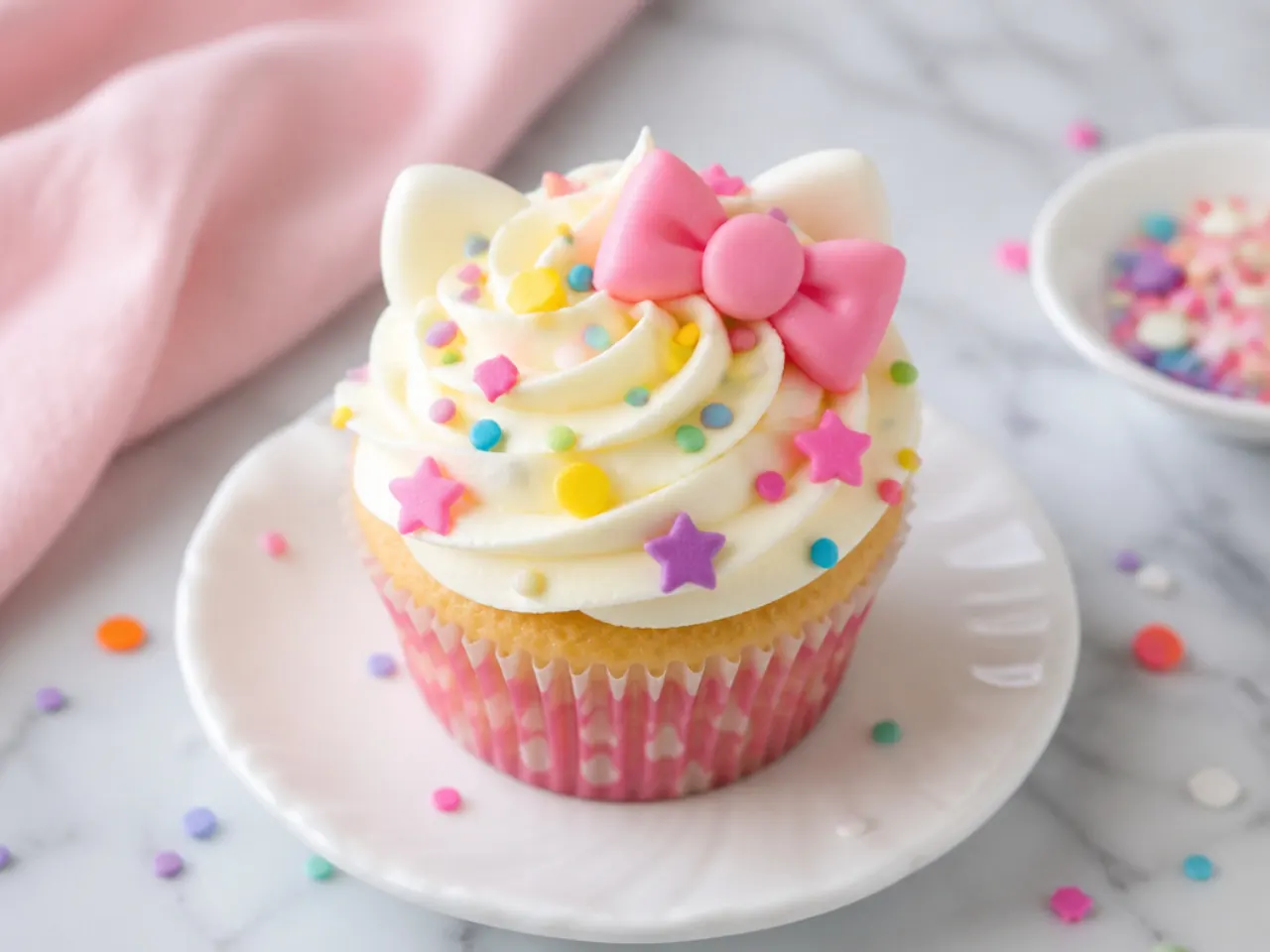 Playful confetti Hello Kitty cupcakes with candy bows and sprinkles