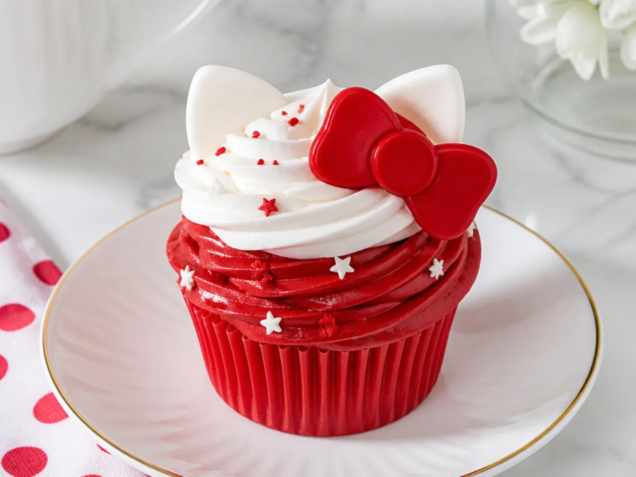 Modern color-block red and white Hello Kitty cupcakes