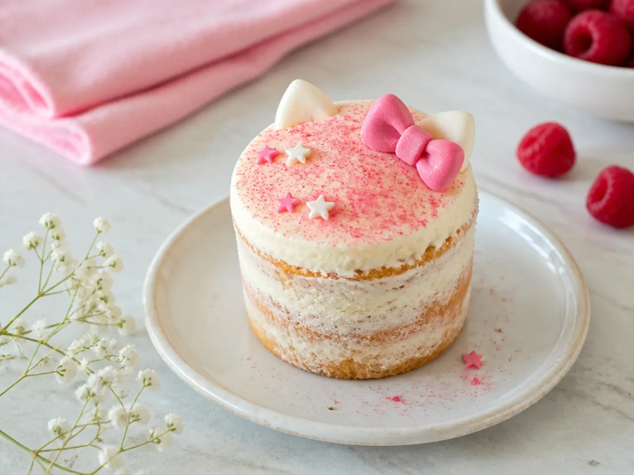 Rustic naked buttercream Hello Kitty cupcakes with raspberry dusting