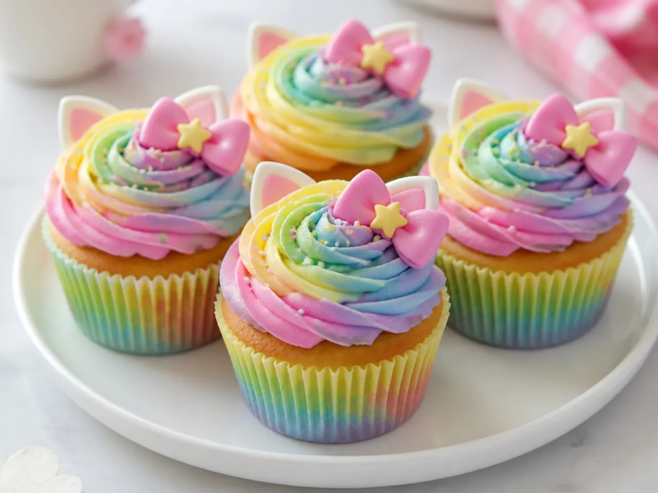 Colorful rainbow swirl Hello Kitty cupcakes with pastel buttercream