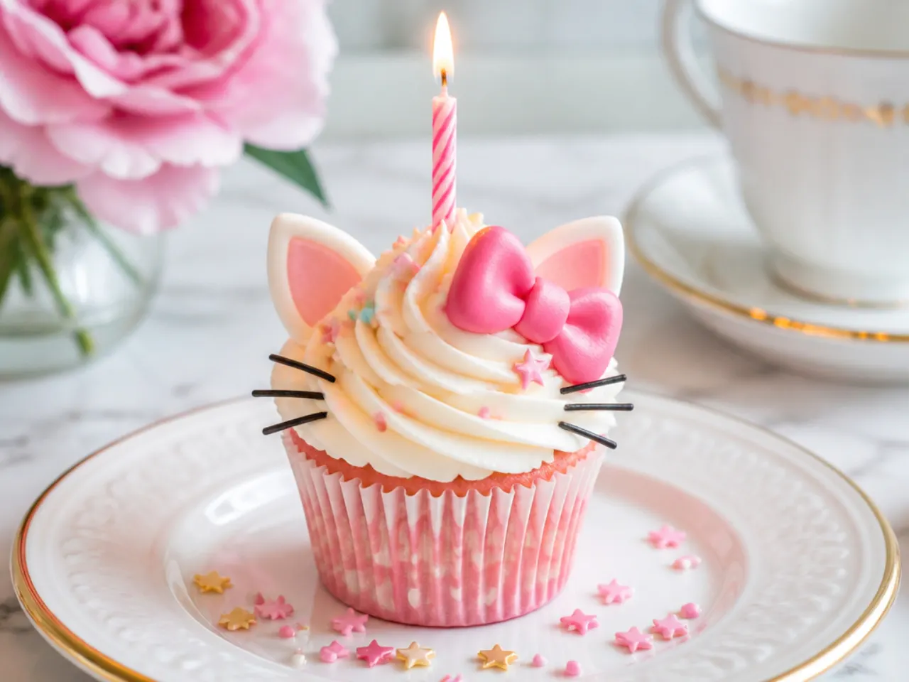 Festive birthday Hello Kitty cupcakes with candles and sprinkles