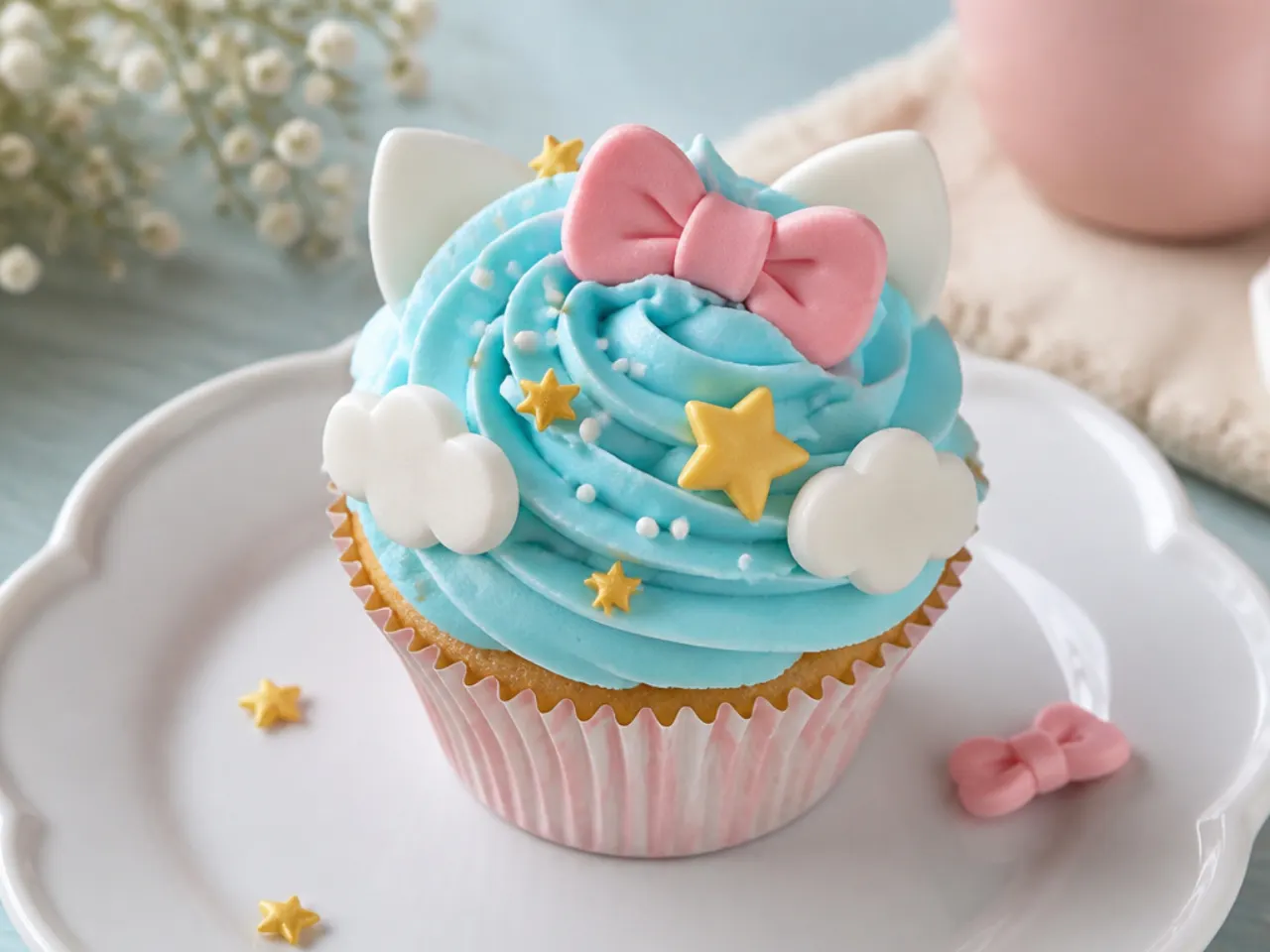 Whimsical cloud and star Hello Kitty cupcakes with blue buttercream