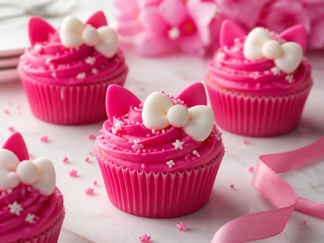 Bold hot pink Hello Kitty cupcakes with white bow toppers