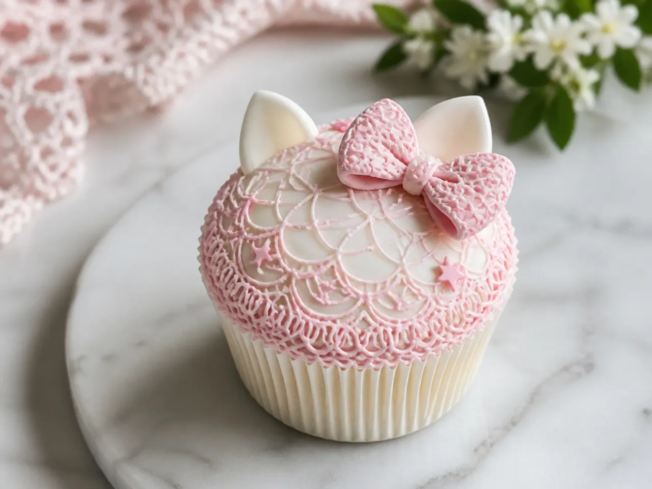 Delicate lace-piped Hello Kitty cupcakes with fine royal icing