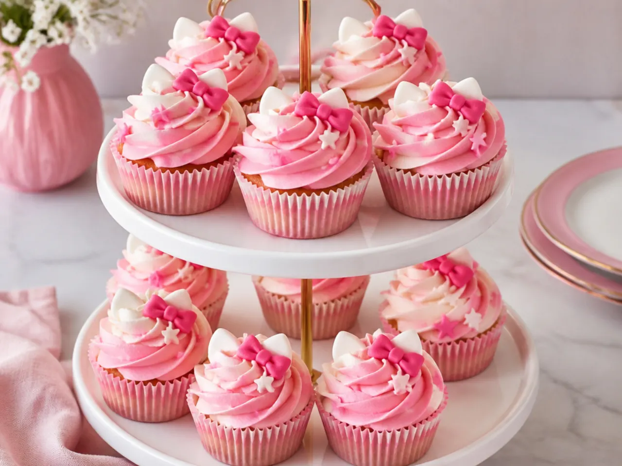 Charming ombre pink rosette Hello Kitty cupcakes on a tiered stand