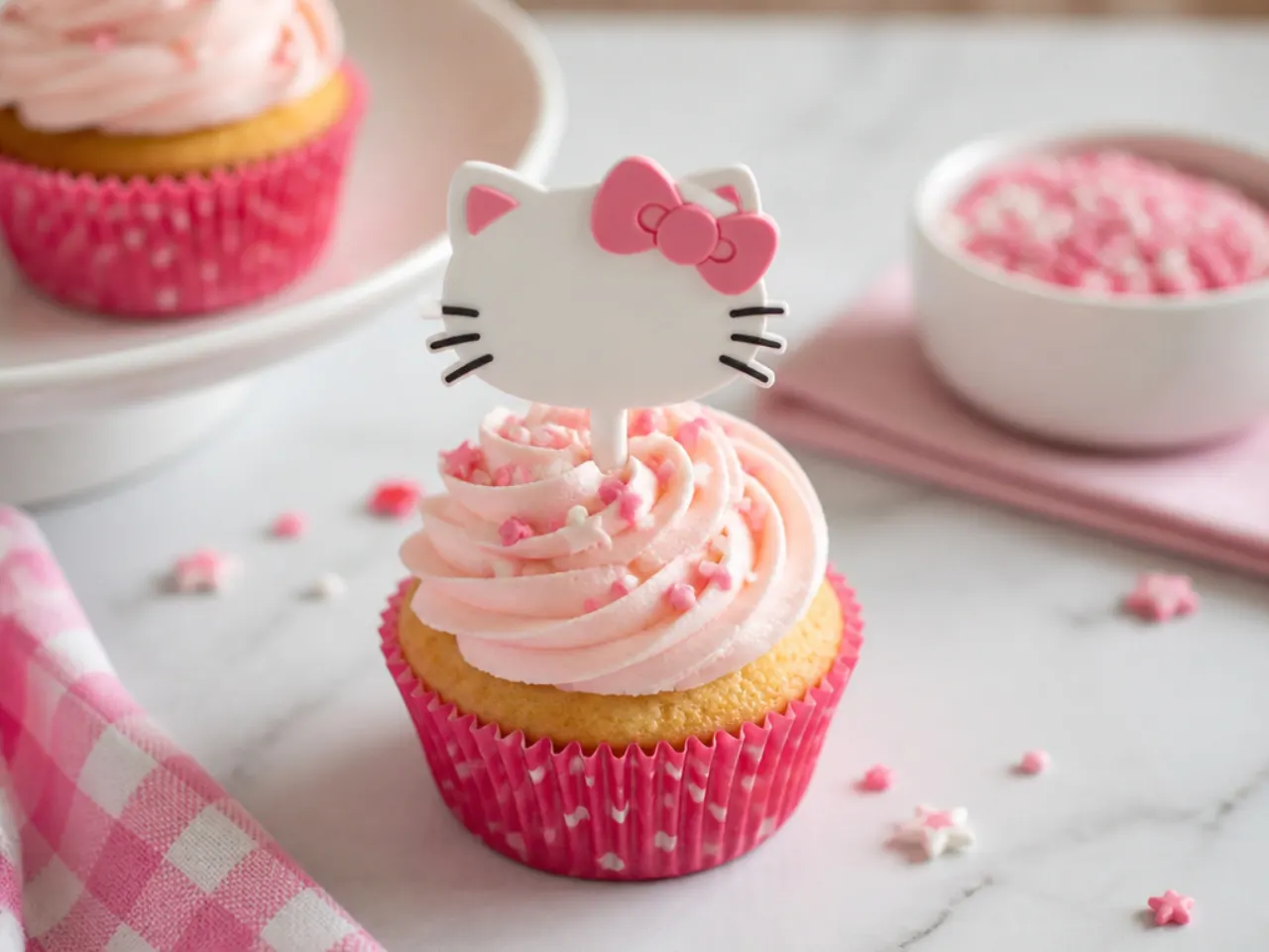 Easy Hello Kitty cupcakes finished with ready-made toppers