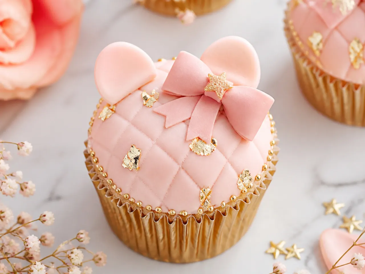 Elegant gold leaf accented blush Hello Kitty cupcakes