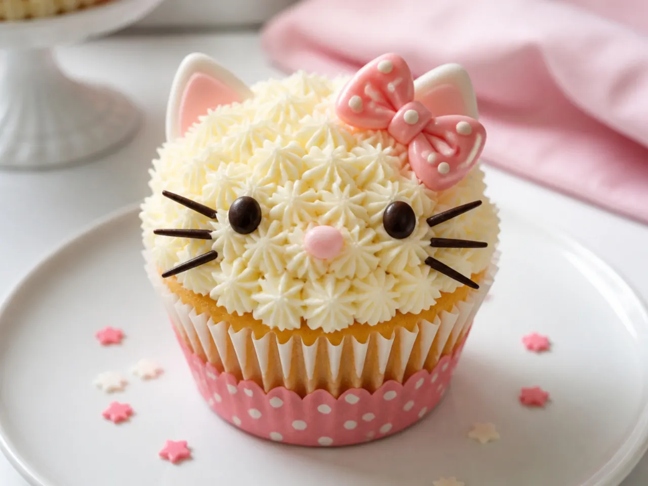 Playful piped-whisker Hello Kitty cupcakes with edible details