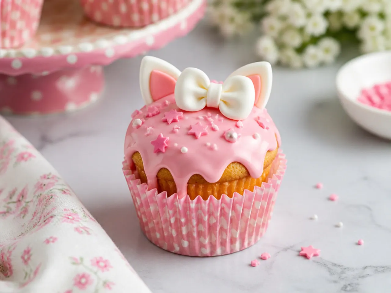 Modern pink drip Hello Kitty cupcakes with white bow toppers