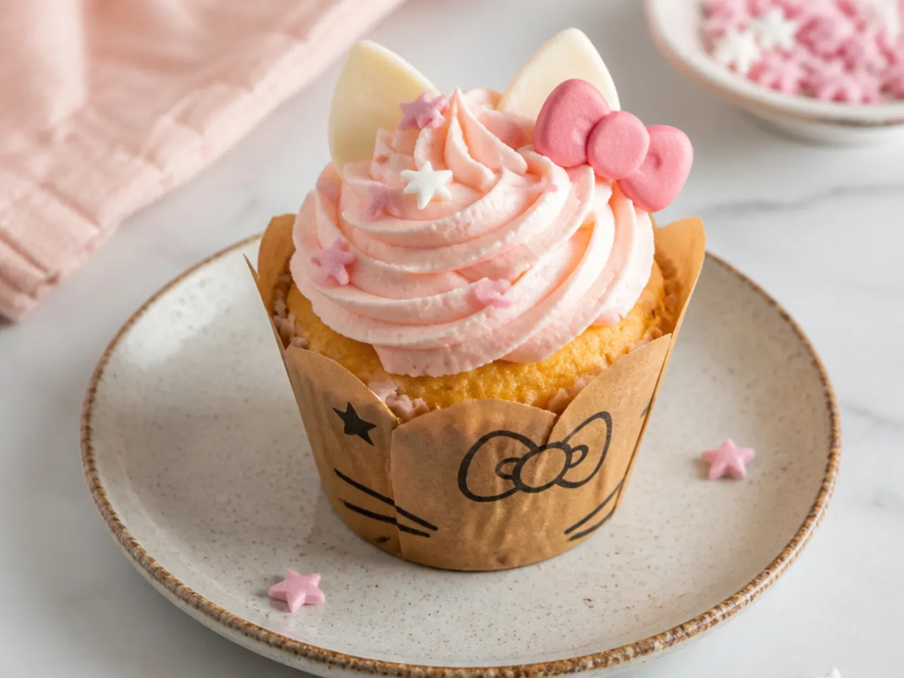 Rustic kraft-liner Hello Kitty cupcakes with soft pink swirls