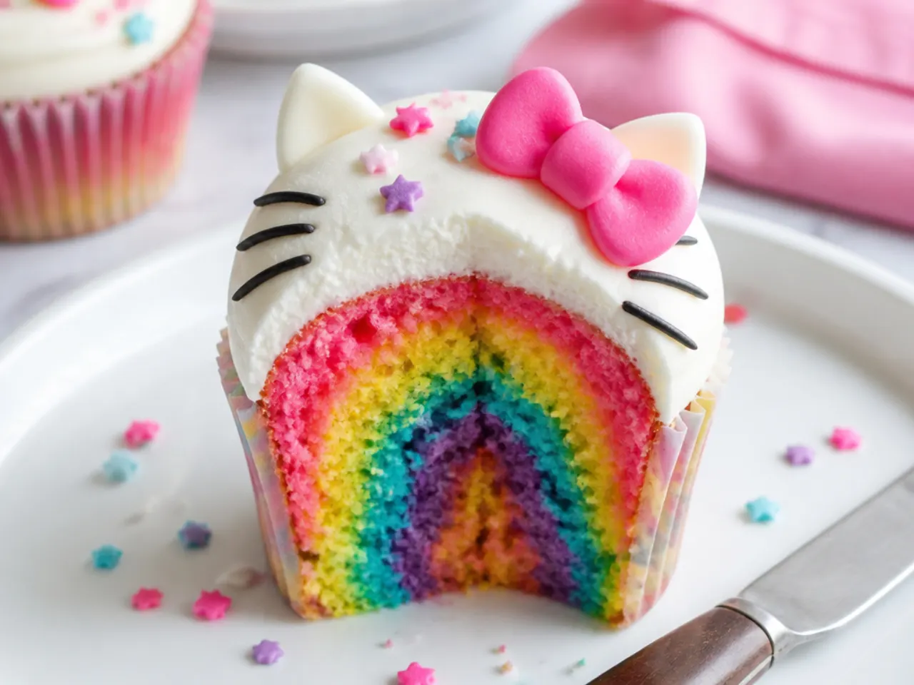 Colorful tie-dye center Hello Kitty cupcakes with white frosting