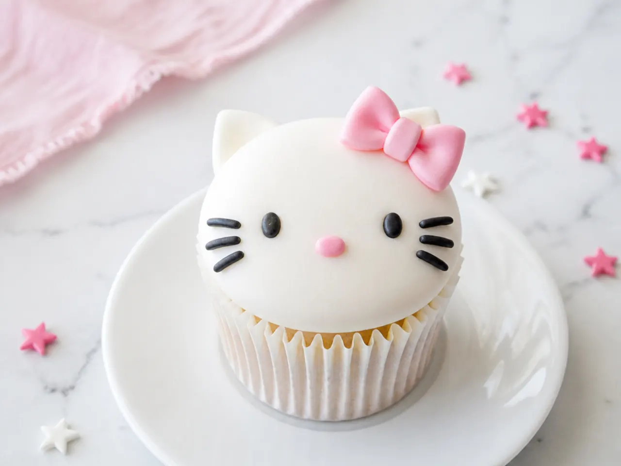 Minimal matte white Hello Kitty cupcakes with tiny pink bows