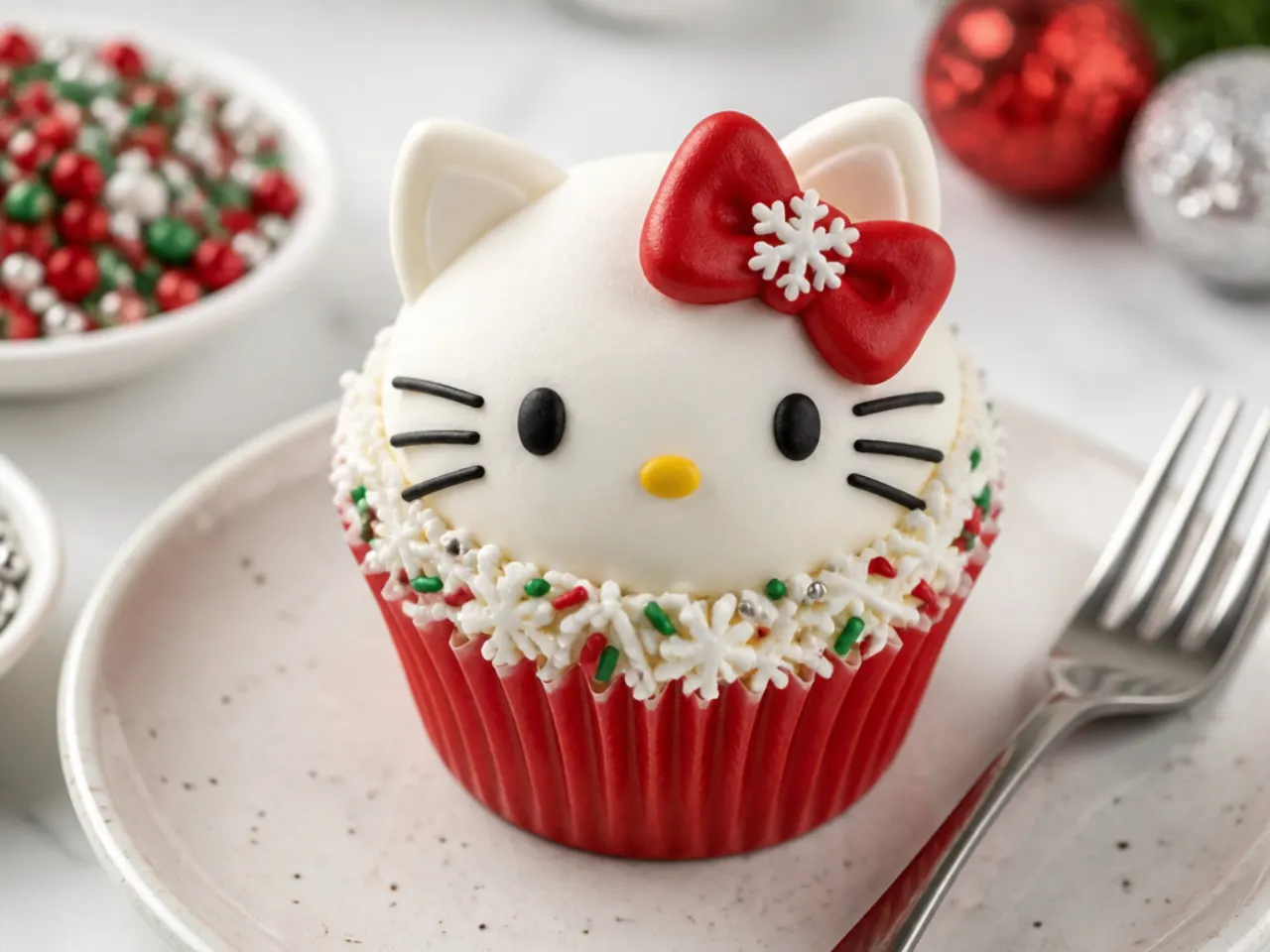 Festive holiday Hello Kitty cupcakes with seasonal bow colors