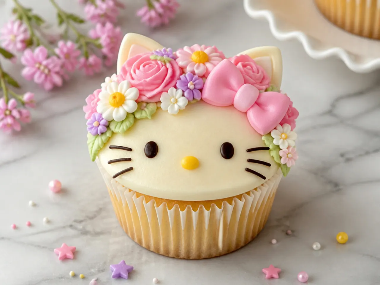 Whimsical flower crown Hello Kitty cupcakes with piped buttercream flowers