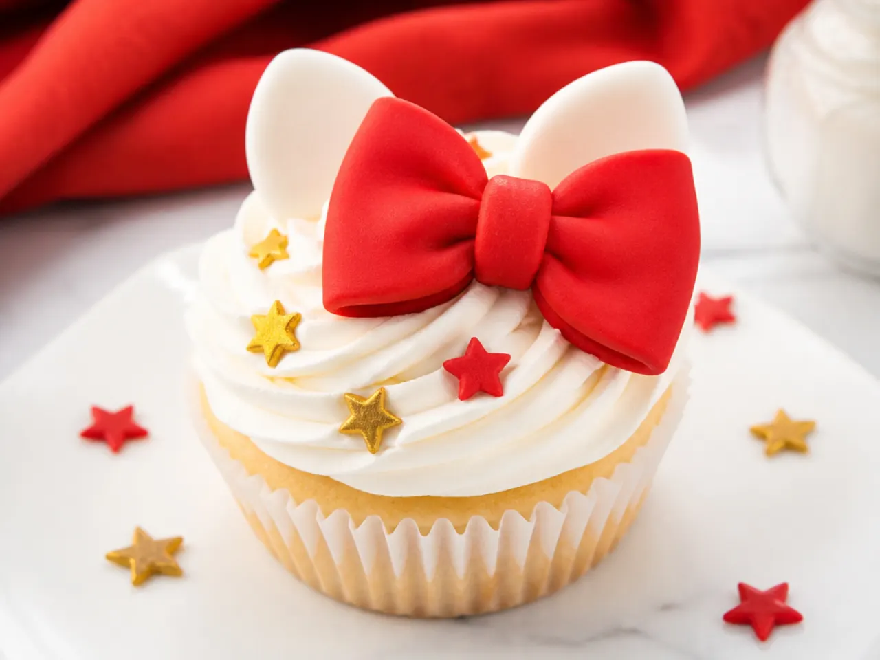 Bold glam Hello Kitty cupcakes with oversized red fondant bows