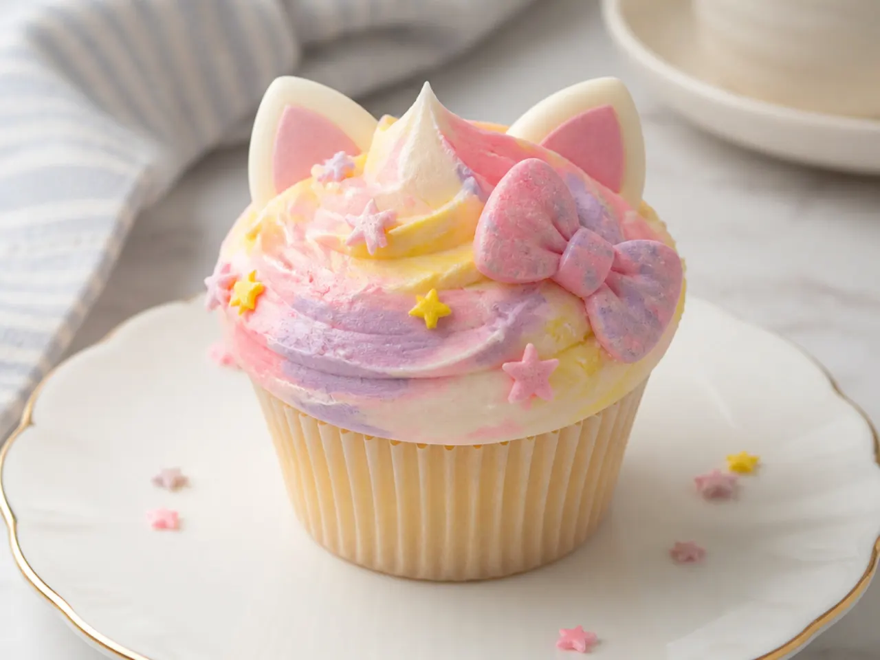Delicate watercolor buttercream Hello Kitty cupcakes in pastel washes