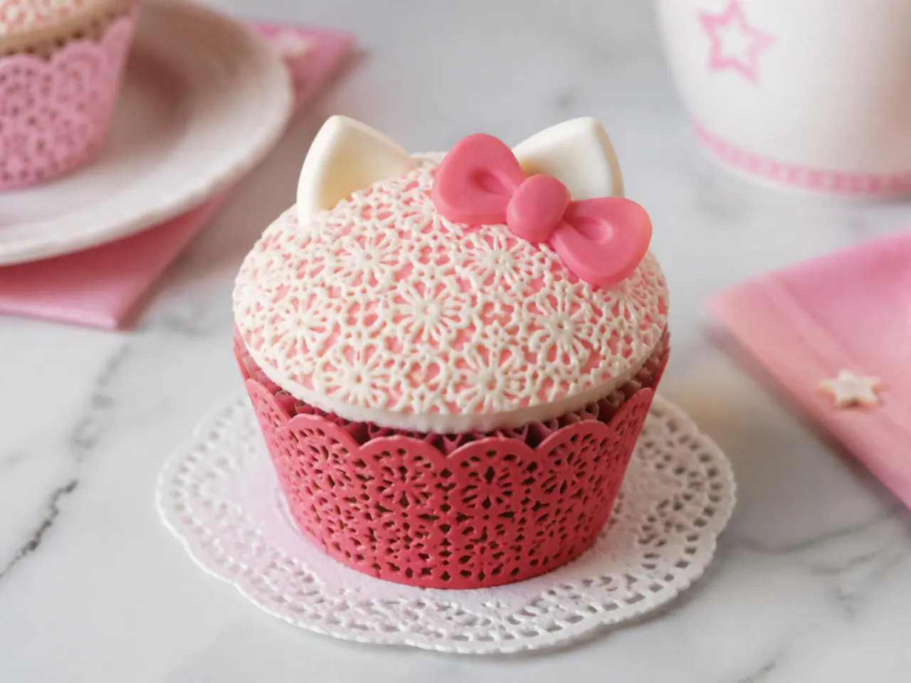 Vintage doily-pattern Hello Kitty cupcakes with stenciled lace