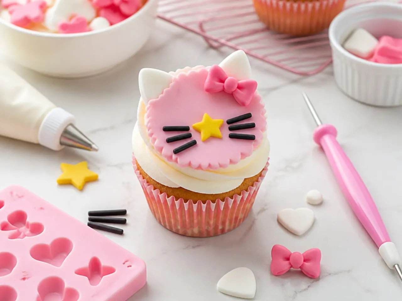 Tips for making Hello Kitty cupcakes easier with prepped toppers and tools