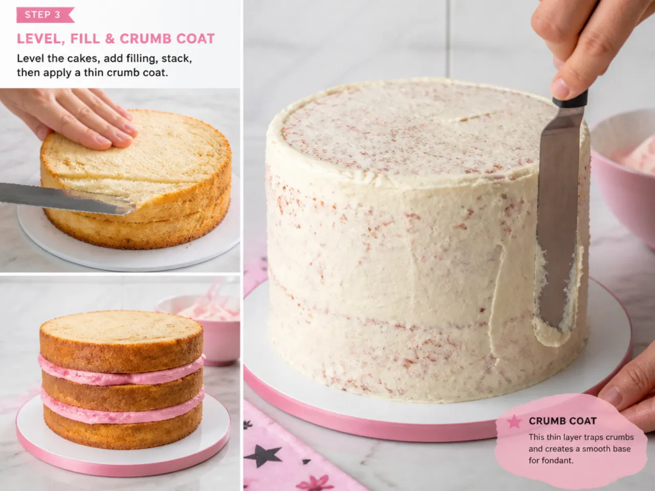 hello kitty fondant cake — step 3: level, fill and crumb coat