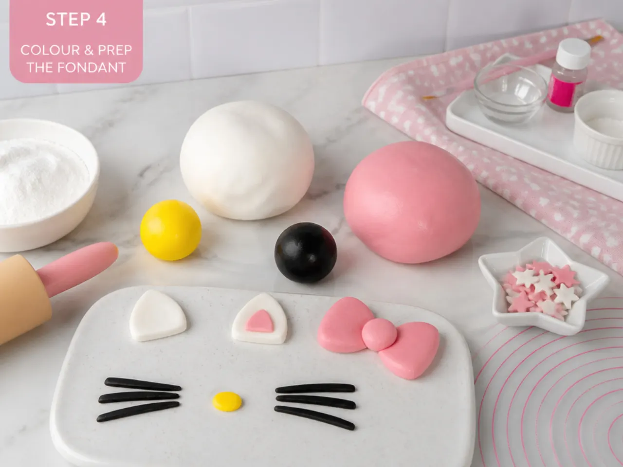 hello kitty fondant cake — step 4: colour and prep the fondant