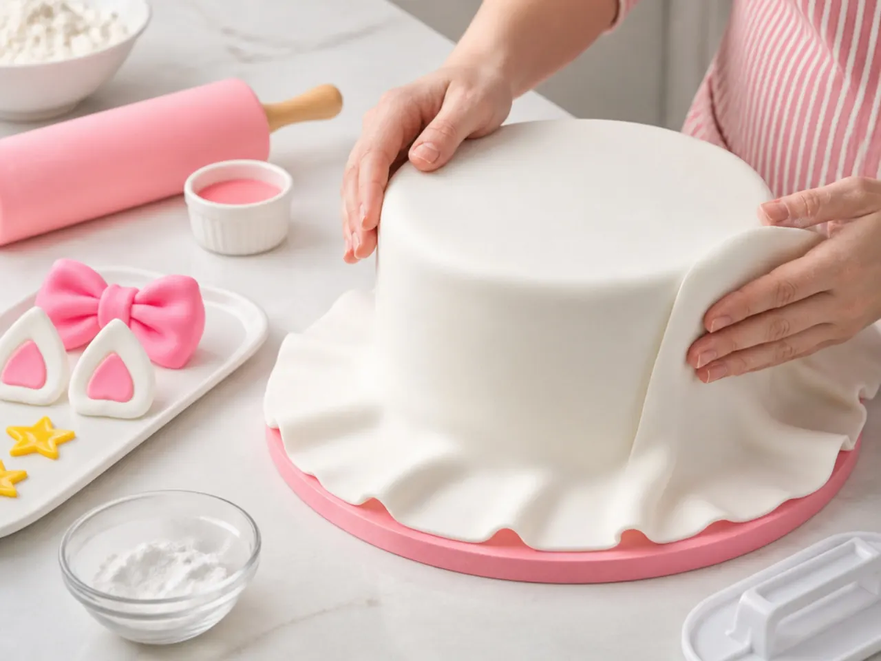 hello kitty fondant cake — step 5: cover the cake in white fondant