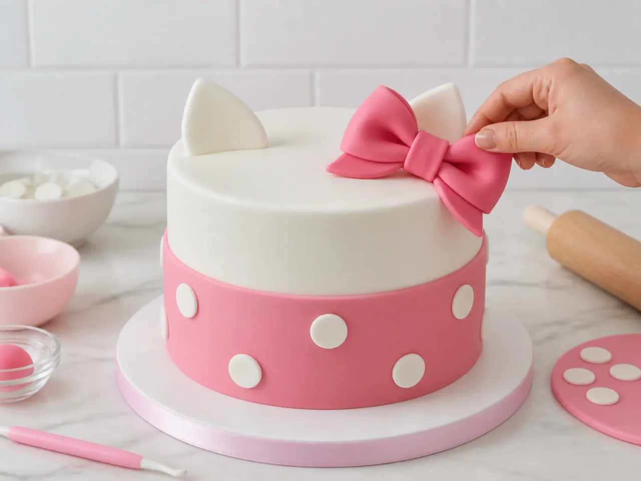 hello kitty fondant cake — step 6: add the polka dots and the big bow