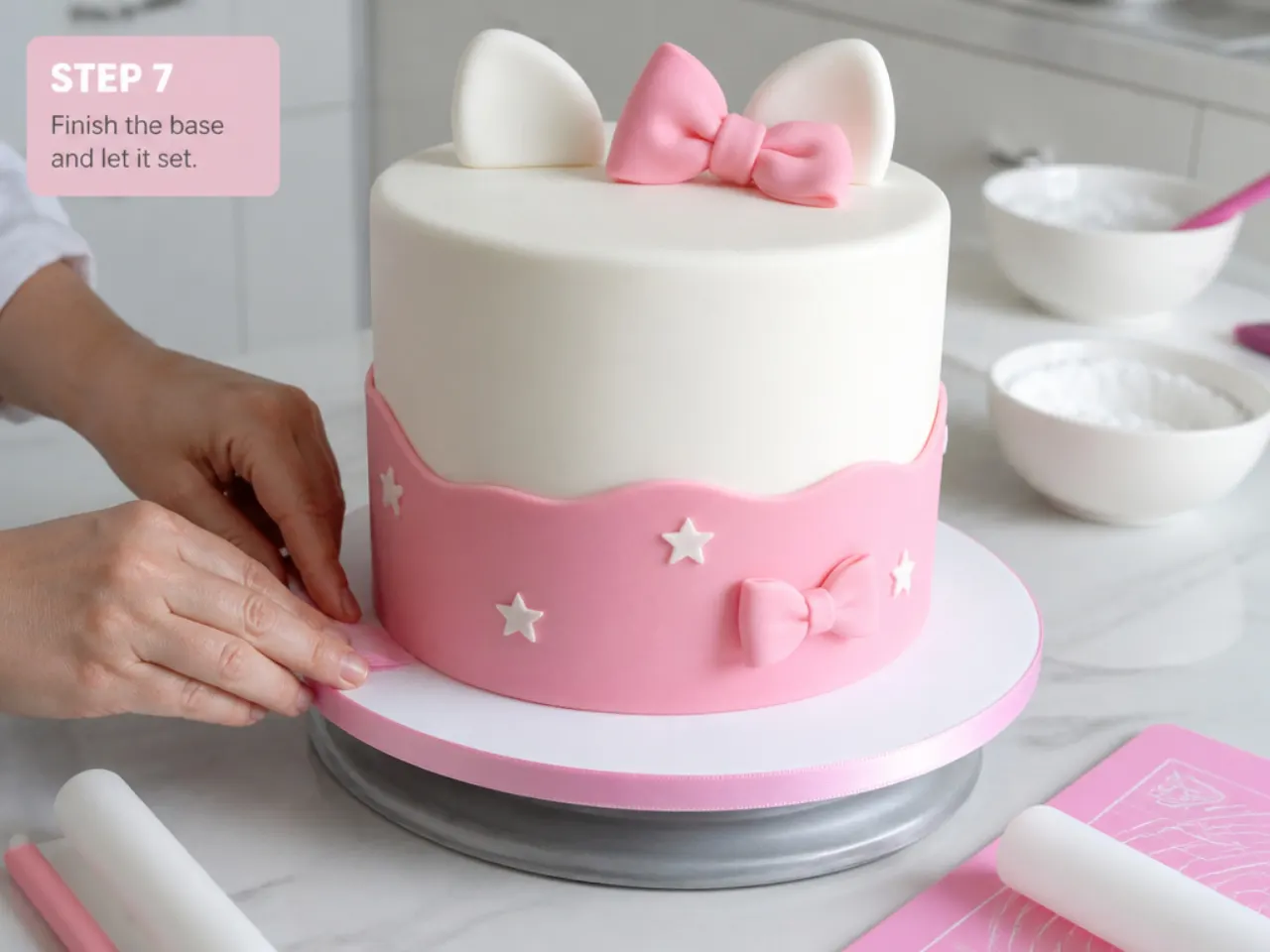 hello kitty fondant cake — step 7: finish the base and let it set