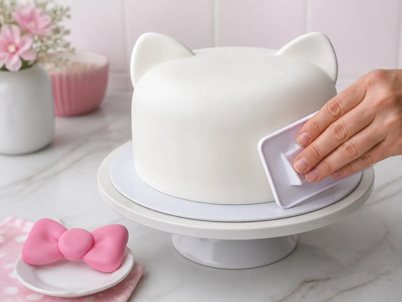 Smoothing white fondant on a Hello Kitty inspired cake with a fondant smoother and pink bow ready to attach