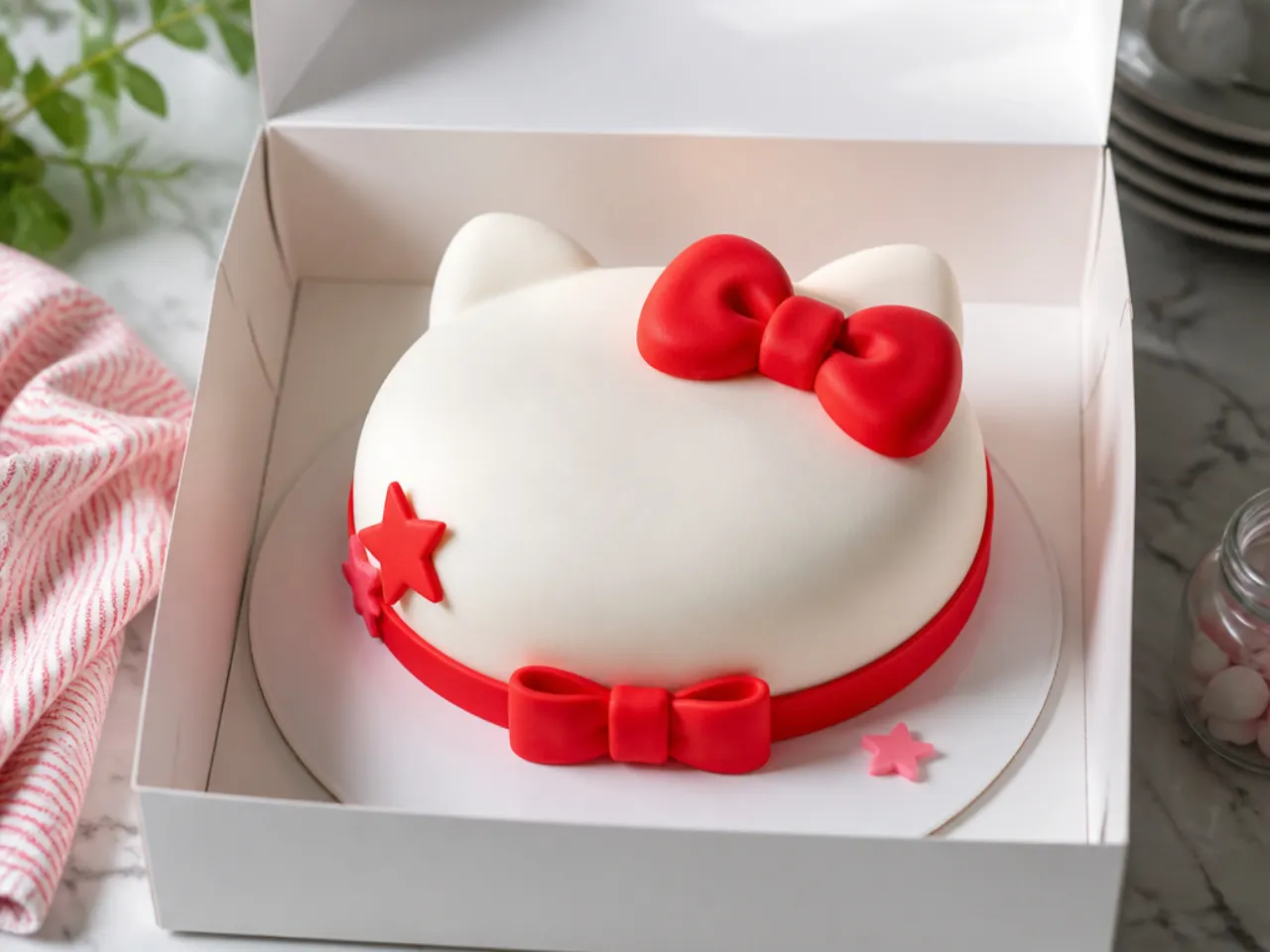 Hello Kitty fondant birthday cake with red bow stored in a white cake box on a kitchen counter