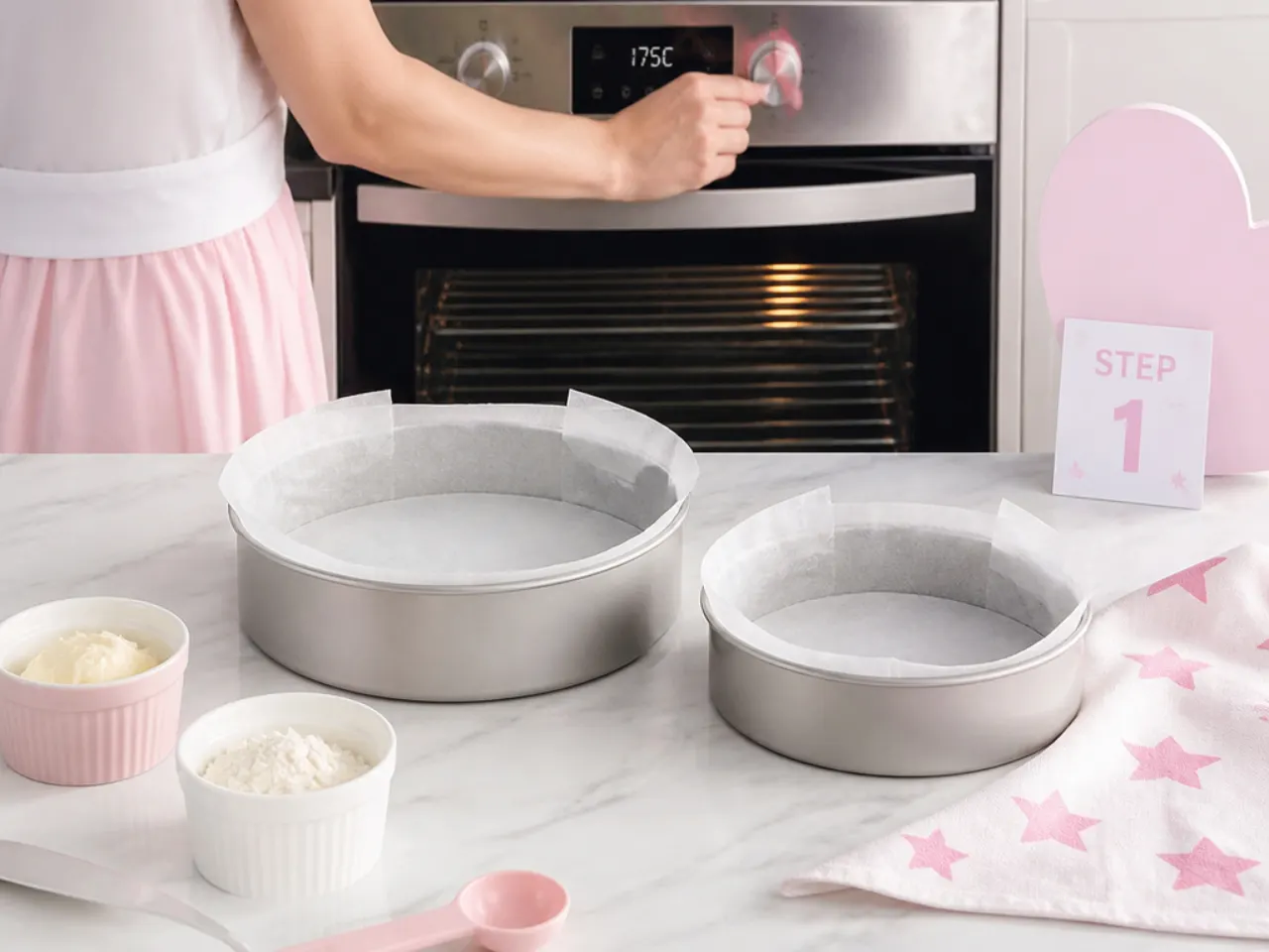 hello kitty smash cake — step 1: prep pans and oven