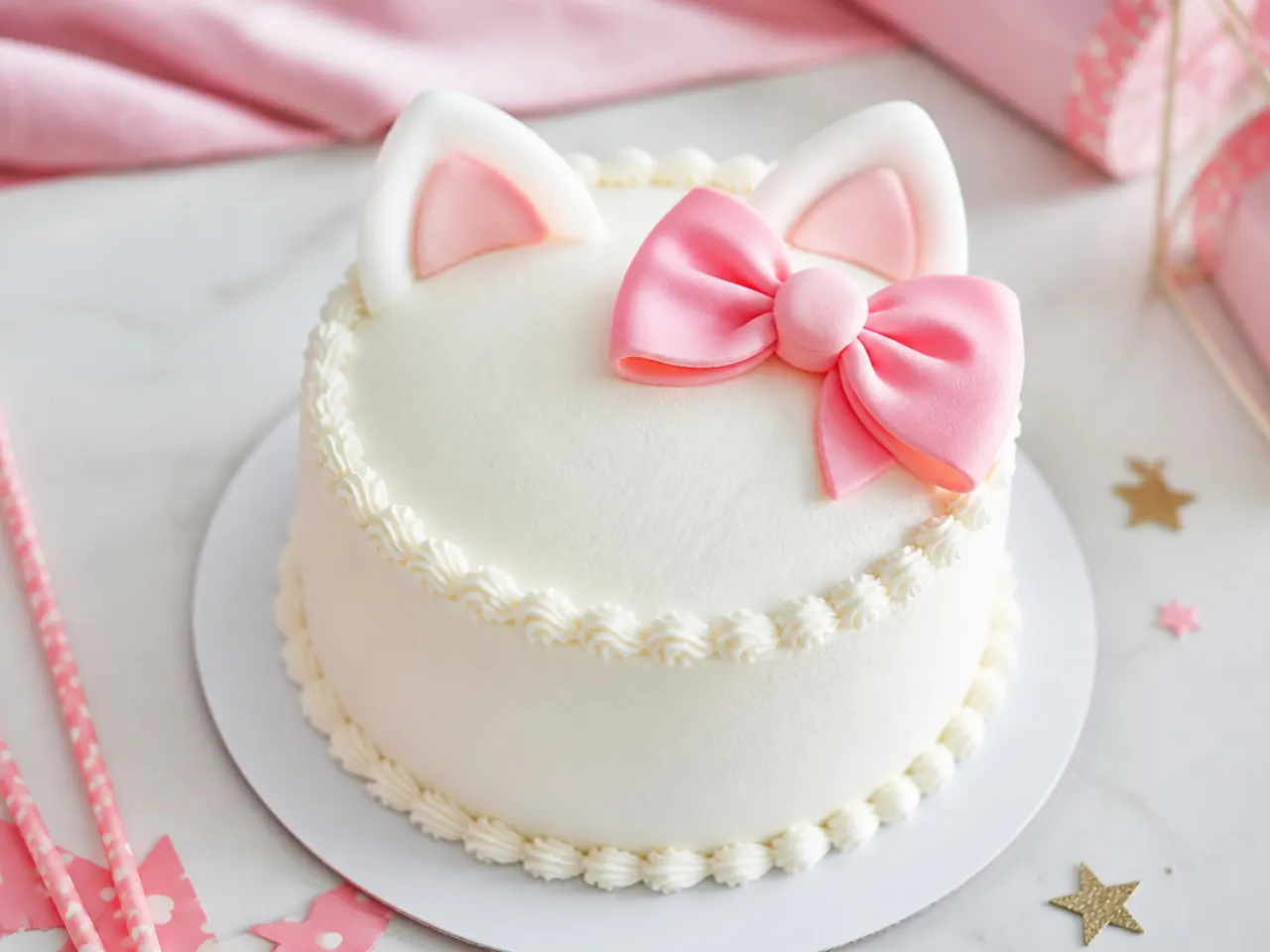 Classic white hello kitty smash cake with a pink fondant bow topper
