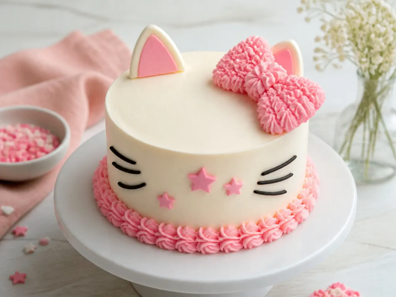 Easy no-fondant hello kitty smash cake with a piped buttercream bow