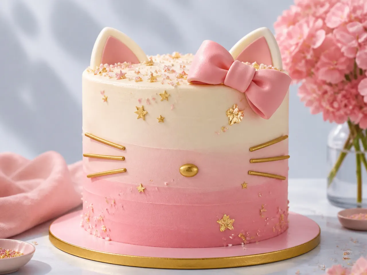 Elegant blush ombre hello kitty cake with gold leaf accents