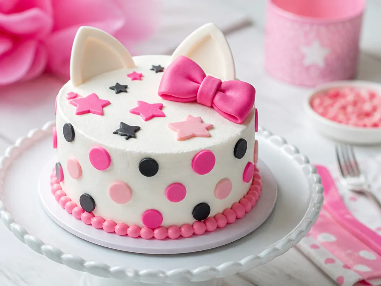 Playful polka dot hello kitty smash cake with fondant stars