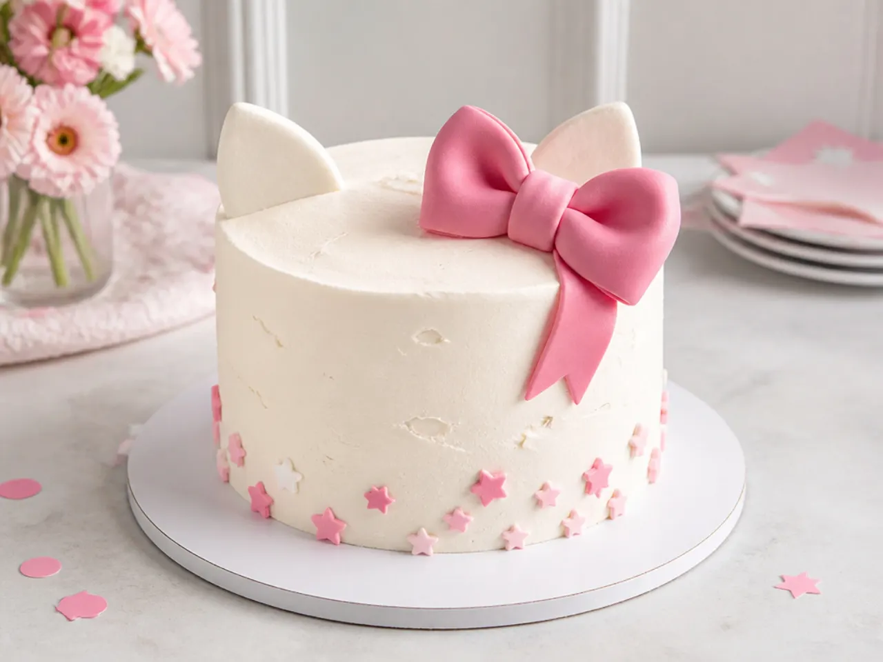 Modern minimalist hello kitty cake with a single large pink bow