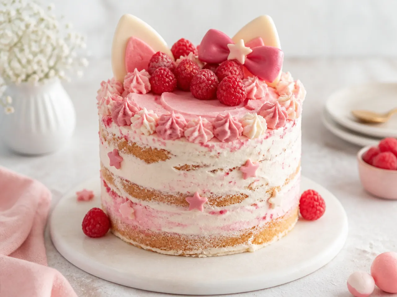 Rustic semi-naked hello kitty smash cake with pink cream and raspberries