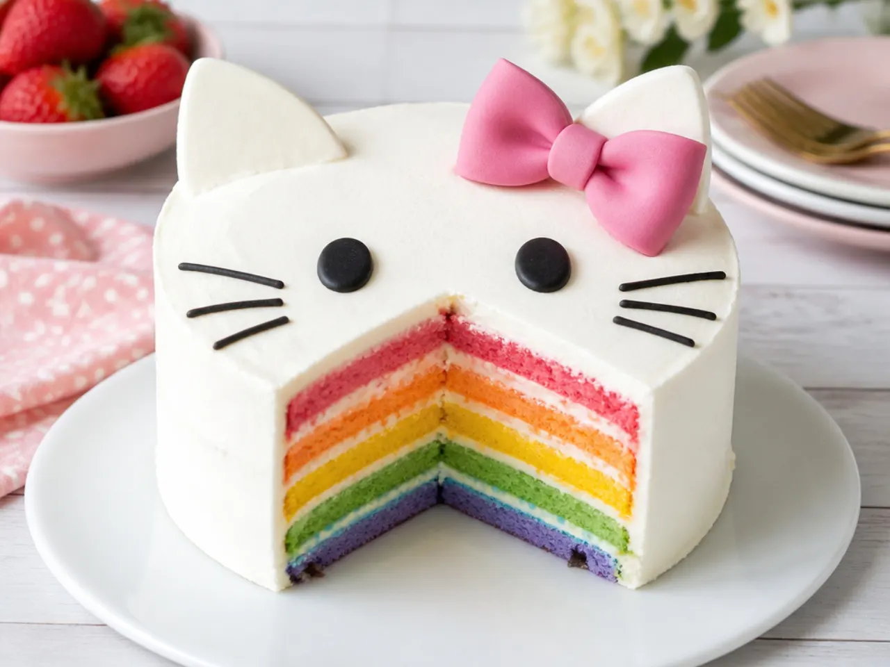 Colorful rainbow layer hello kitty cake with a white exterior and pink bow