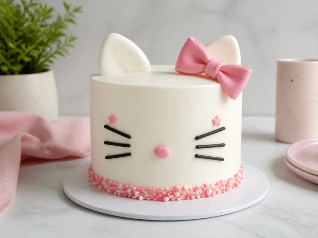 Minimal white hello kitty smash cake with stylized whisker accents