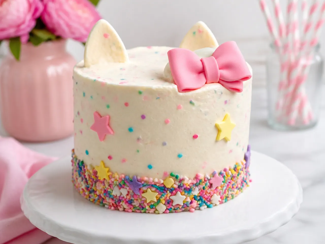 Festive funfetti hello kitty cake with rainbow sprinkles and a pink bow