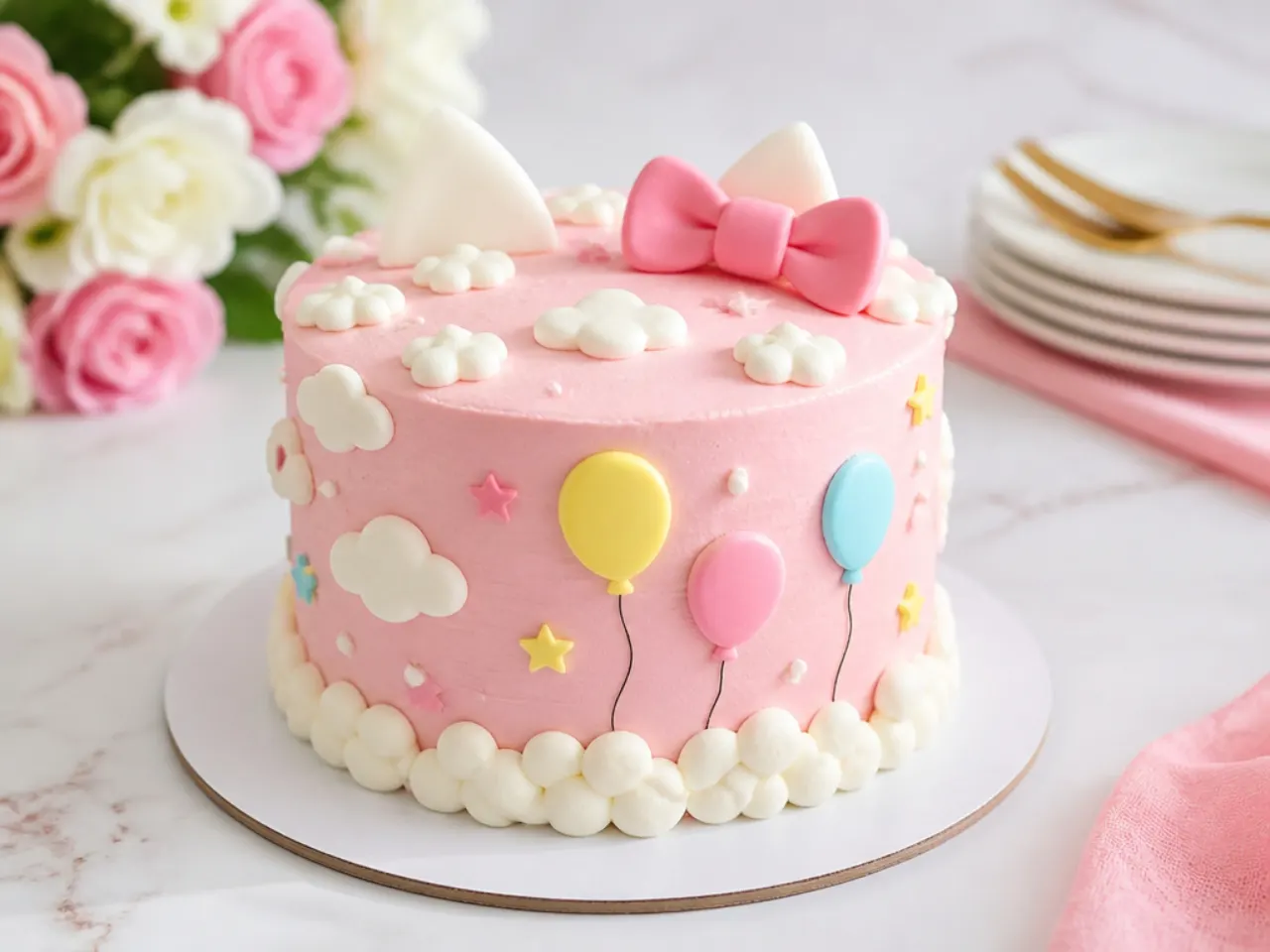 Whimsical hello kitty smash cake with buttercream clouds and fondant balloons