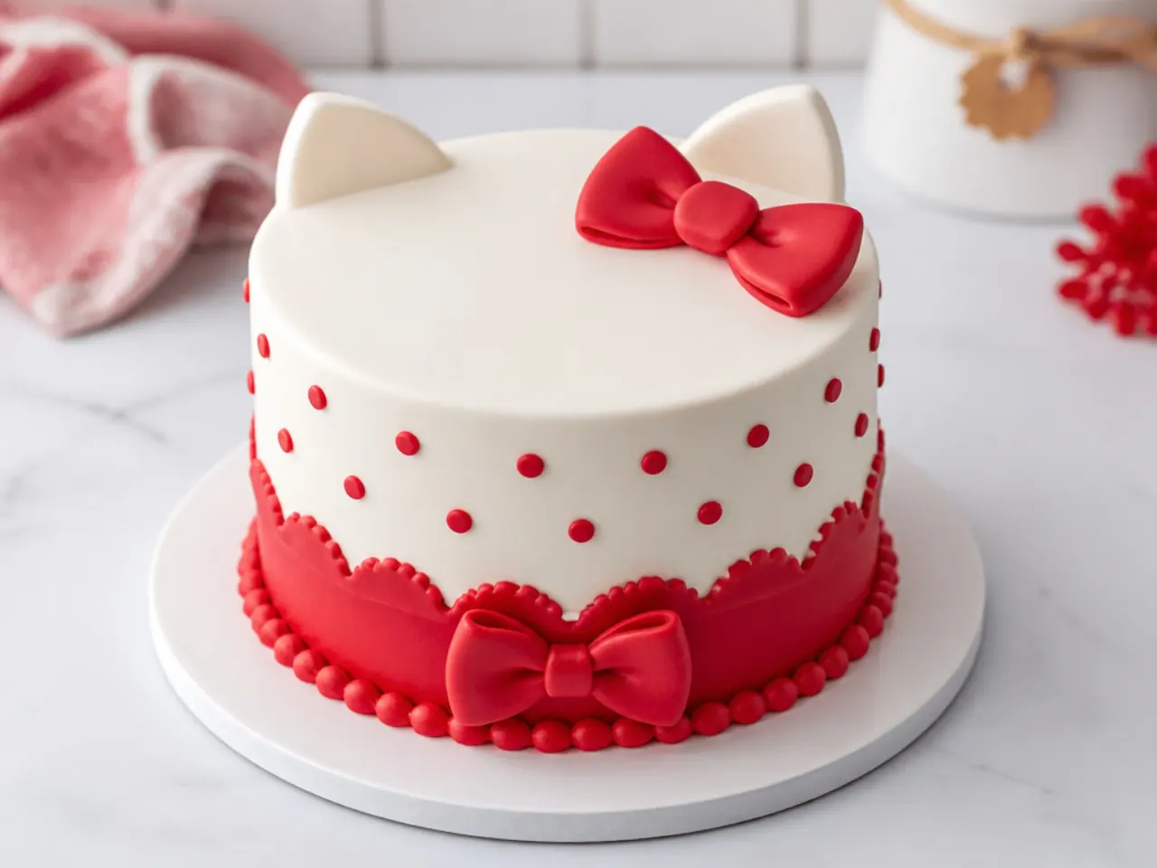 Bold red and white retro hello kitty cake with a red bow border