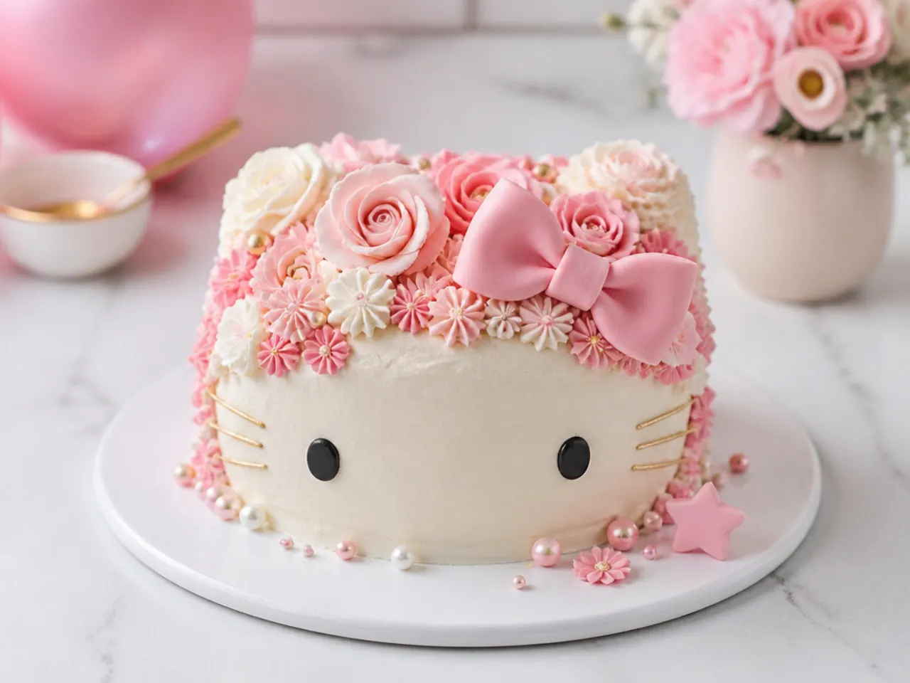 Delicate floral hello kitty smash cake with piped flowers and edible pearls