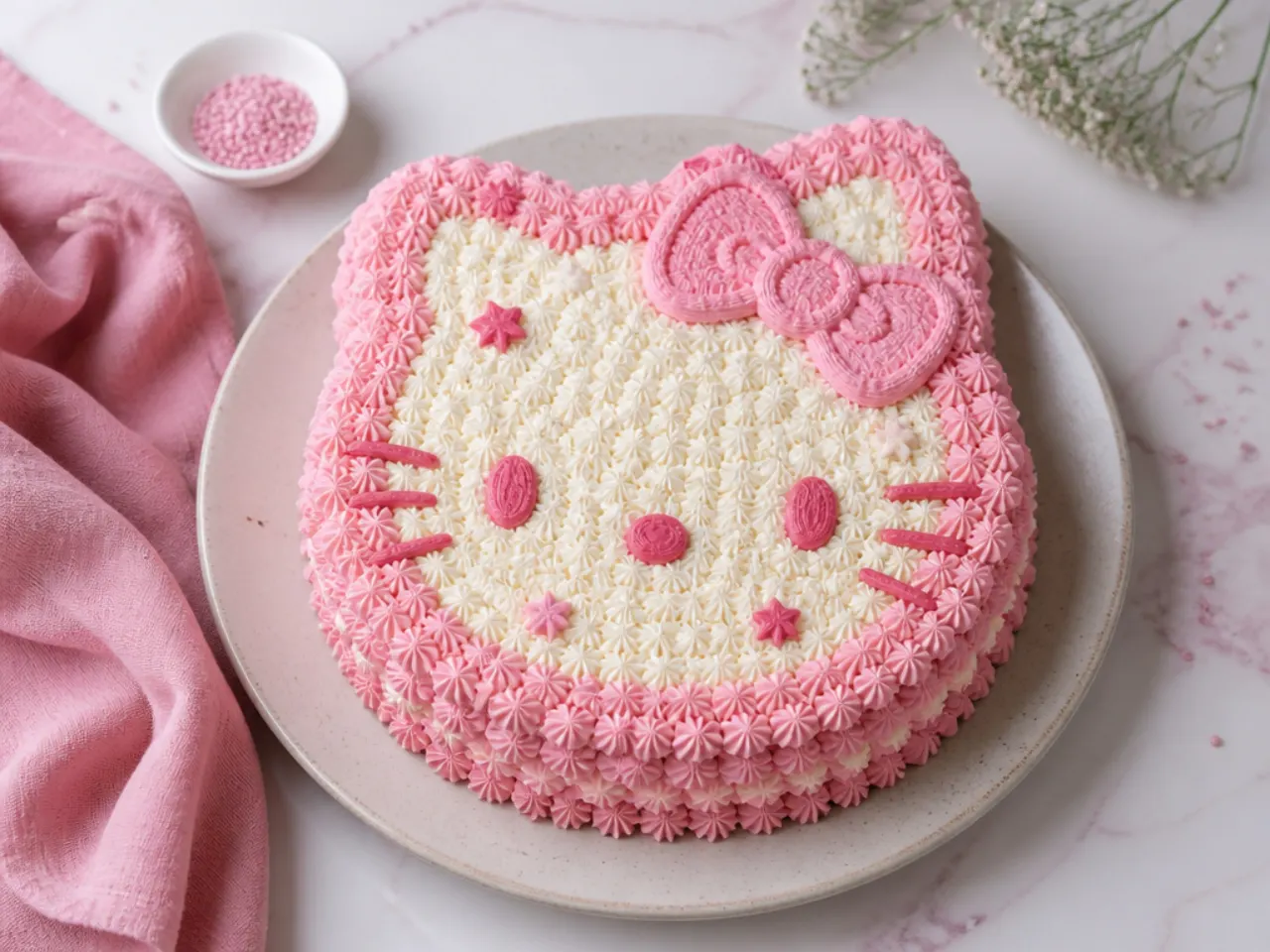 Vintage Lambeth piped hello kitty cake in soft tonal pink