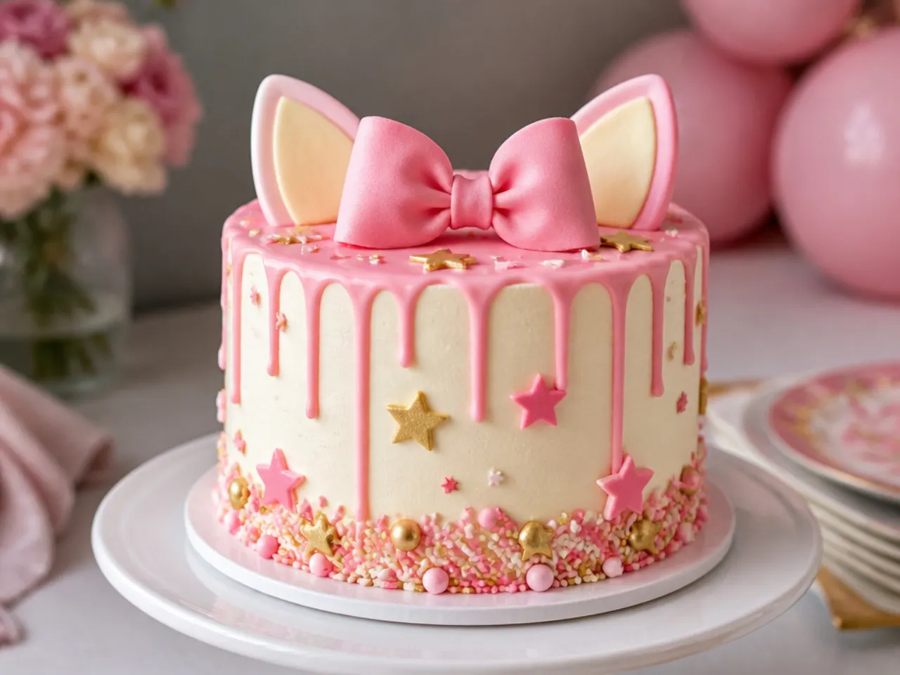 Creative pink drip hello kitty smash cake with a fondant bow