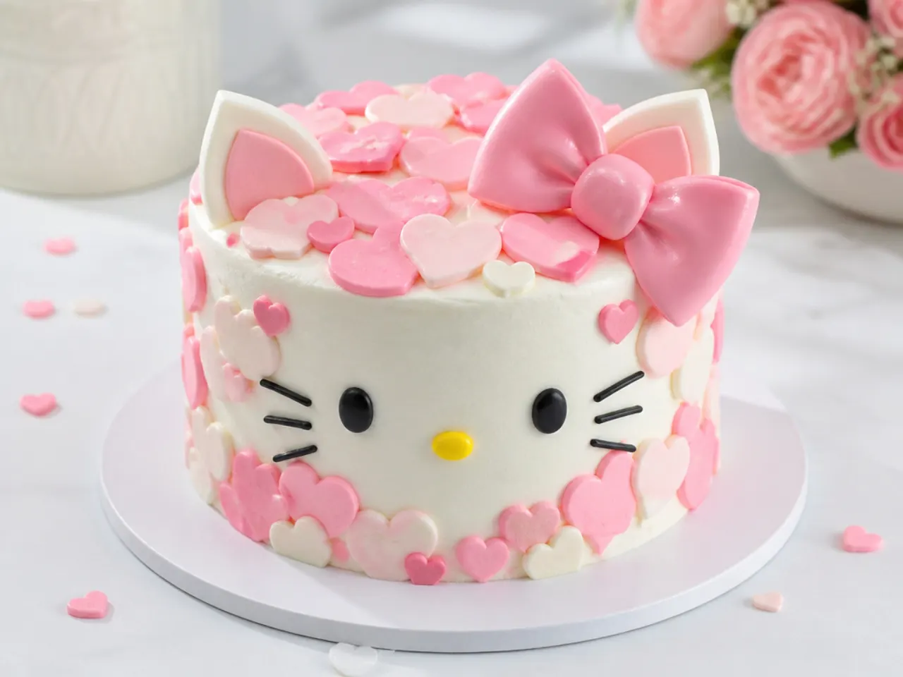 Charming heart-covered hello kitty cake with a pink bow focal point