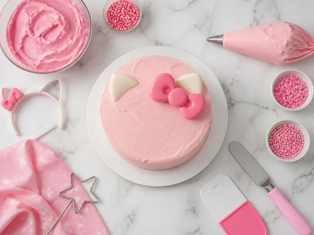 Overhead flat lay of hello kitty smash cake decorating tools and pink buttercream