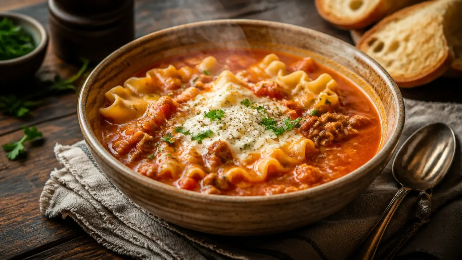 Overhead shot of a bowl of high protein lasagna soup topped with melted mozzarella and a swirl of blended cottage cheese, with broken lasagna noodles visible in the rich tomato broth.